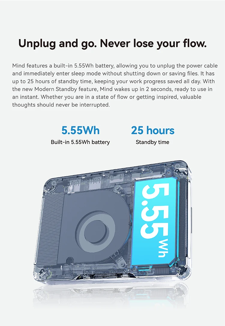 Khadas Mind 2, Pocket Mini PC with Intel Core Ultra 7 155H, 5.55Wh Battery, Thunderbolt 4, 8K, Win 11 Home, Micro Desktop Comput