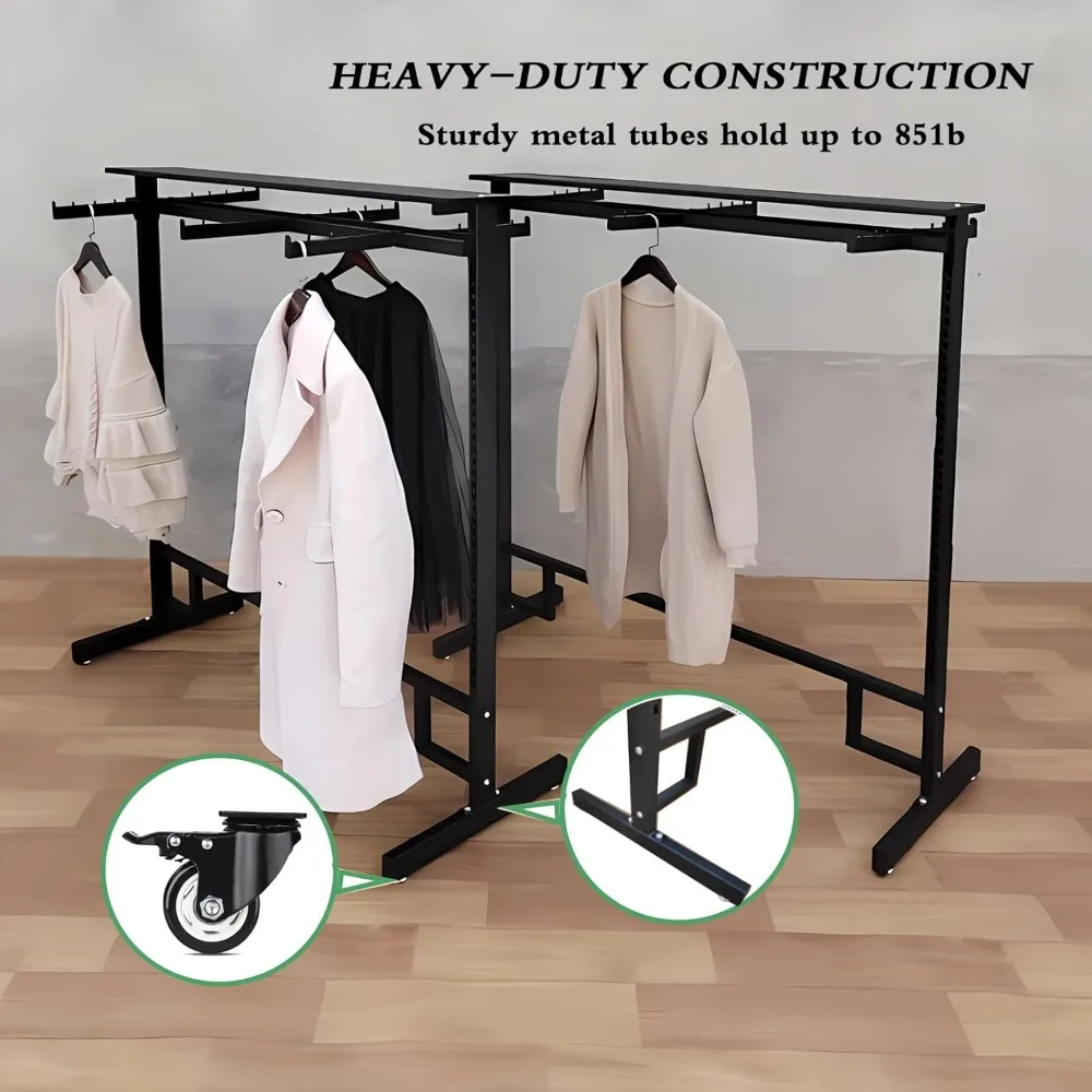 Adjustable 8-Arm Garment Rack with Rolling Wheels and Double Rod Display Shelf
