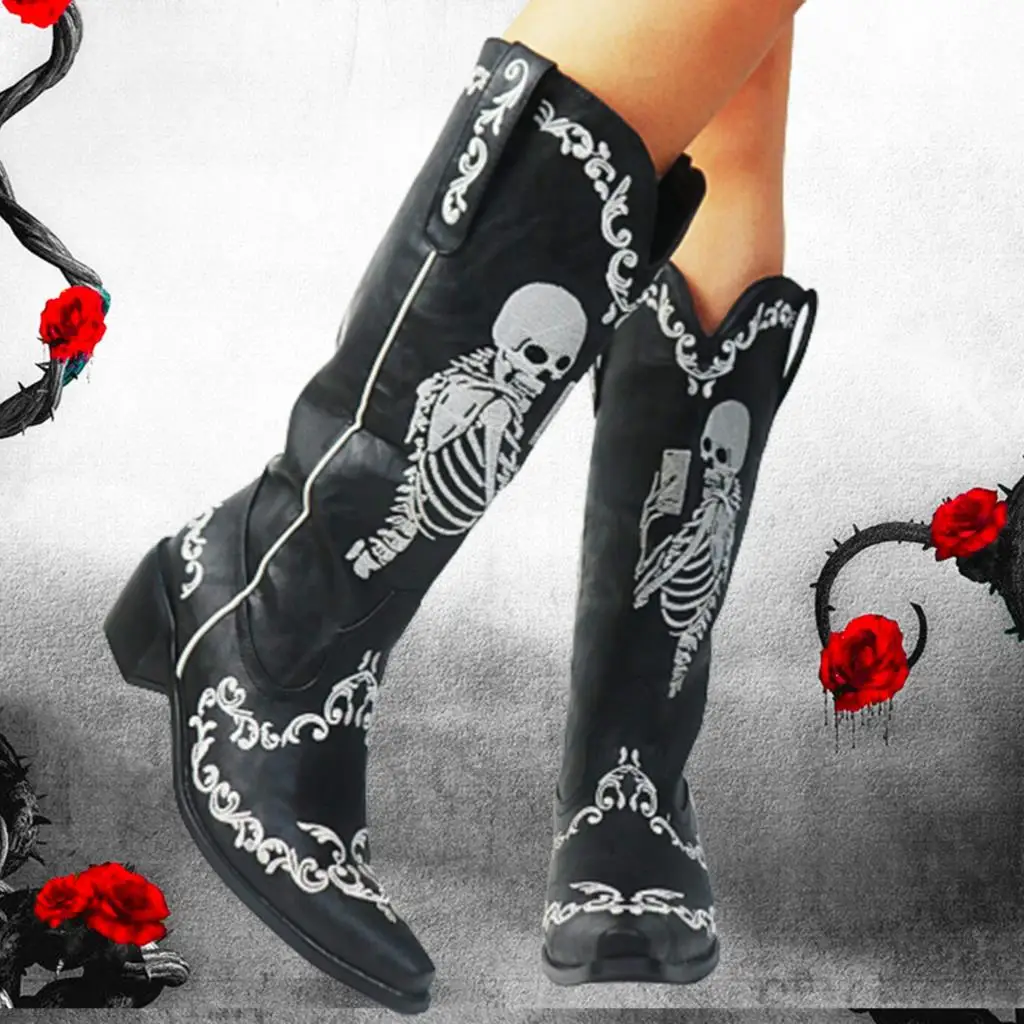 WomenSkullSkeletonSelfieCowboyWesternMidCalfBootsPointedToe