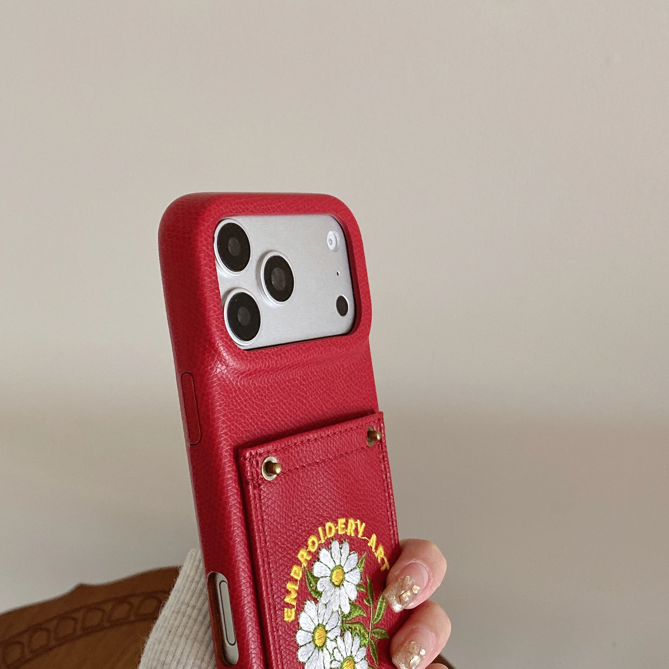 PU Leather Phone Case with Card Pocket and Embroidery - Simple Half-Wrapped Shockproof Design