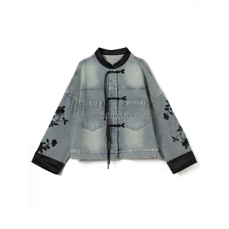 Retro Chinese Style Denim Coat for Women's Spring Casual Daily Wear Fashionable Embroidery Stand Collar Button Top women chinese shirt