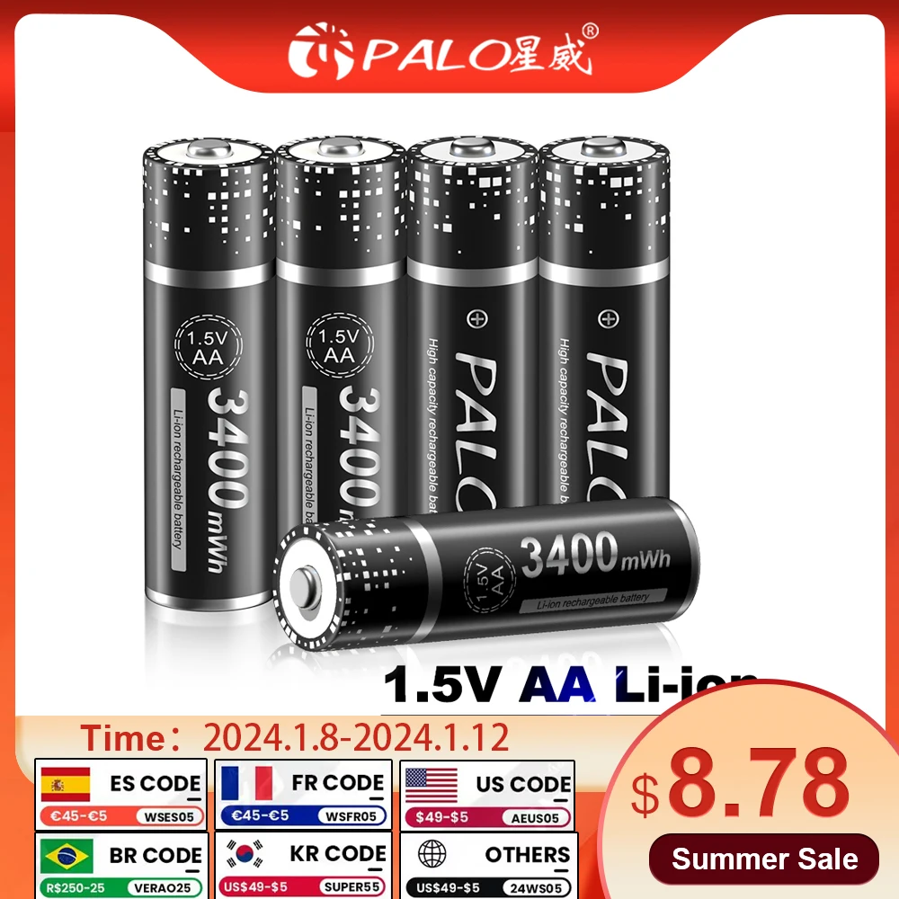 Palo Aa 1.5 V Batteria Ricaricabile Agli Ioni Di Litio 1.5 V Aa Batteria Al Litio 2800 Mwh Batterie Aa Per Orologi, Mouse, Computer, Giocattoli Così V