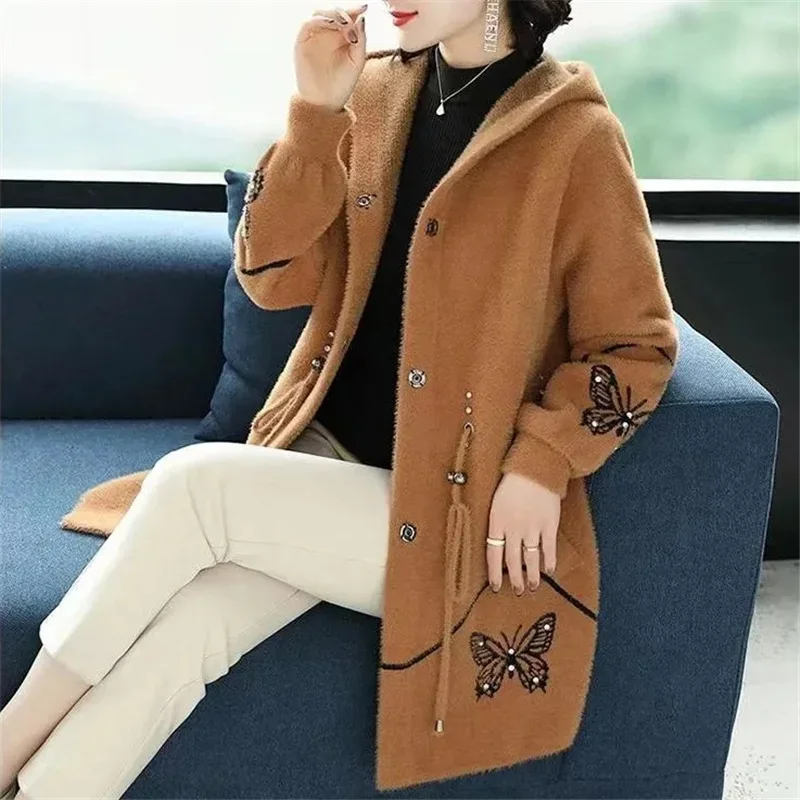 모조 밍크 플리스 여성 코트, 후드 미드 롱 니트 가디건 스웨터, 따뜻한 상의, 중년, 엄마 아우터, 가을, 겨울