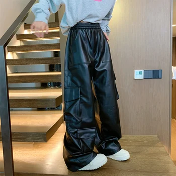 남성용 가죽 오토바이 카고 바지, 멀티 포켓 블랙 PU 바지, 탄성 허리 걸레질 바지, 올 매치 방풍
