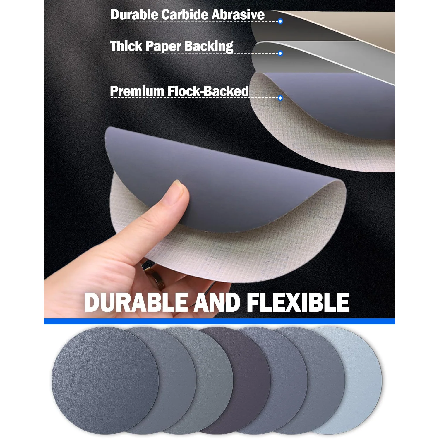 Lot de 70 disques de ponçage 125mm présentés en éventail, idéal pour finitions lisses sur voiture.