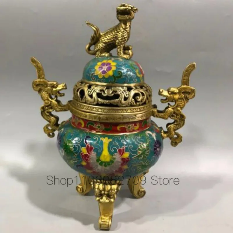 

Exquisite Copper Cloisonne Enamel Carved Dragon Kylin Gold Plated Big Incense Burner