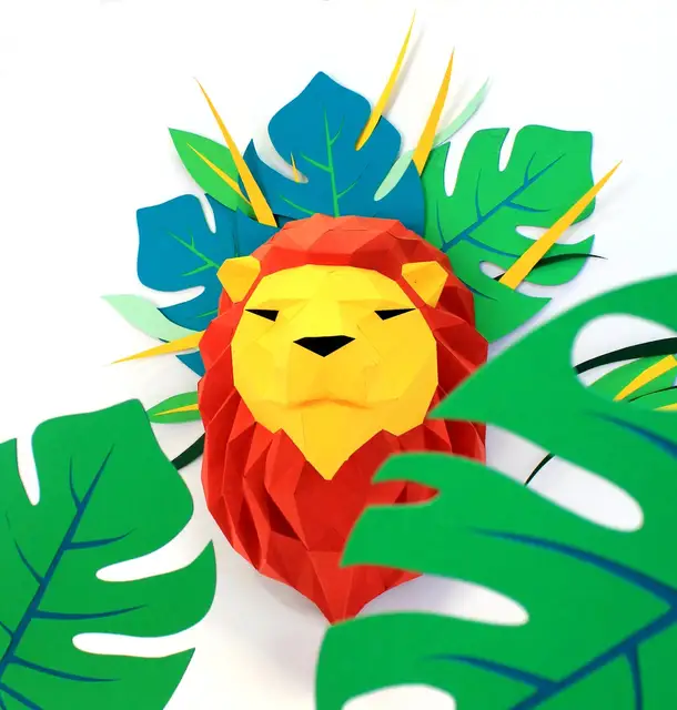 40CM DIY Paper Low Poly Lion Trophy 3D Paper Sculpture Papercraft Lion AnimalPaper Model Home Wall Decoration Handmade Gifts 2