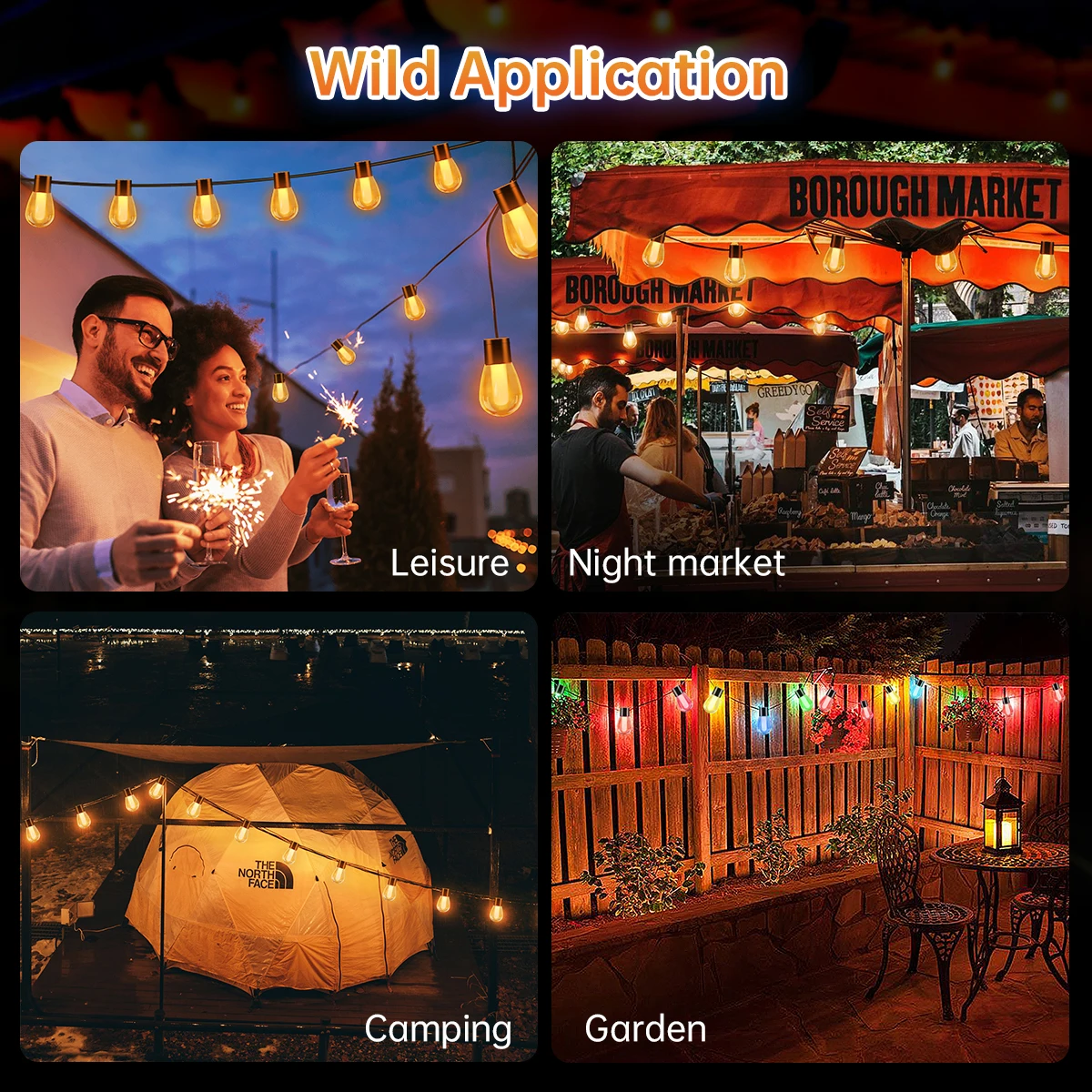 Solar Outdoor String Lights USB Charge Waterproof S14 Edison Led Bulbs Shatterproof Solar Hanging Light With 8/35 Modes Remote 6