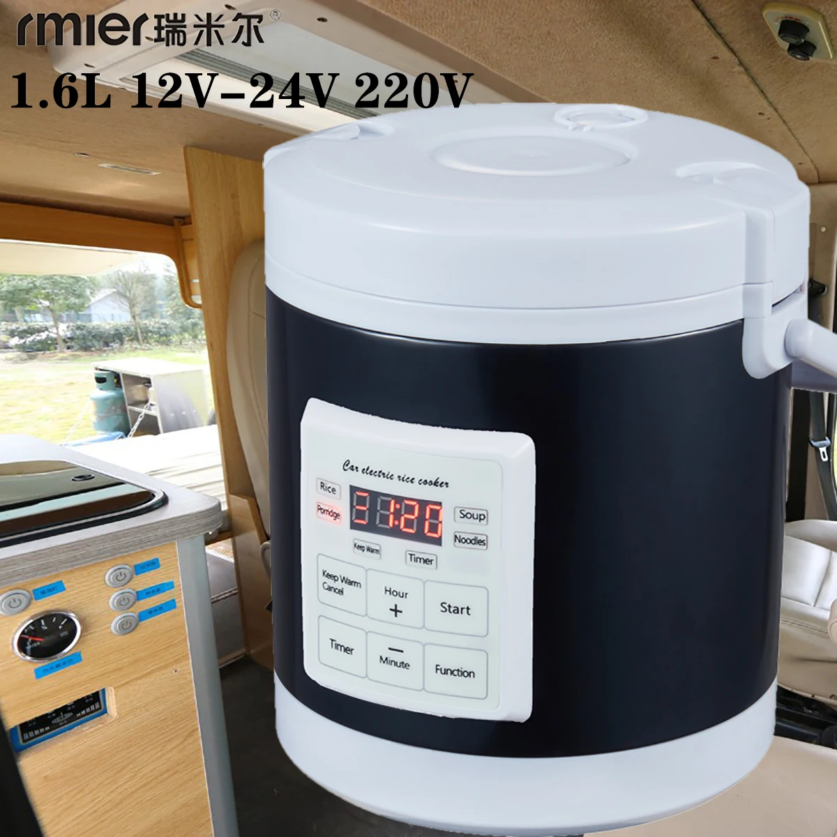 Arier Mini rice cooker 12-24V 220V Multifunction Electric steamer home Appliance portable for camping Black English Menu 2