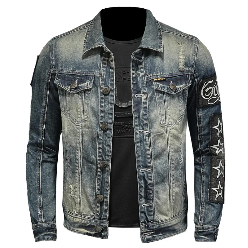 【mnem】Patch Biker Denim Jacket Men Vintage Patch Motorcycle Biker Denim Jacket Distressed
