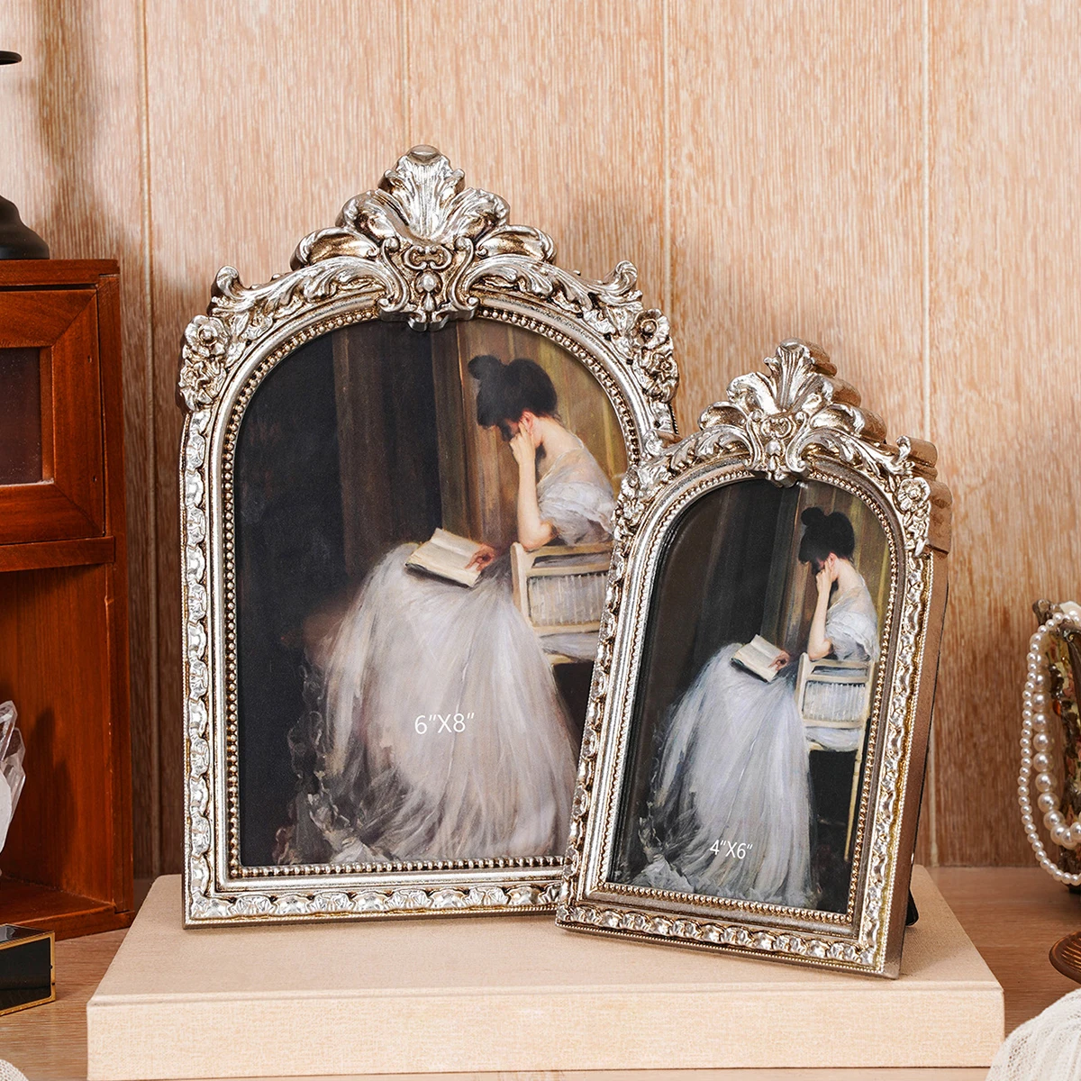 1PC, European retro silver arched lace decorative photo frame, suitable for photo display, home decoration and photography props