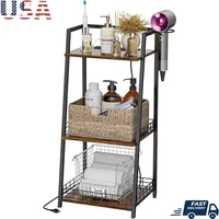 3-Tier Bathroom Organizer with Charging Station USB Ports and Hair Dryer Holder Multi-Functional Storage Shelf Home Use 1