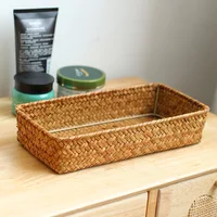 Seaweed Woven Desktop Clutter Box Toiletries and Skincare Products Sorting Basket Coffee Table Remote Control Key Storage Basket 4