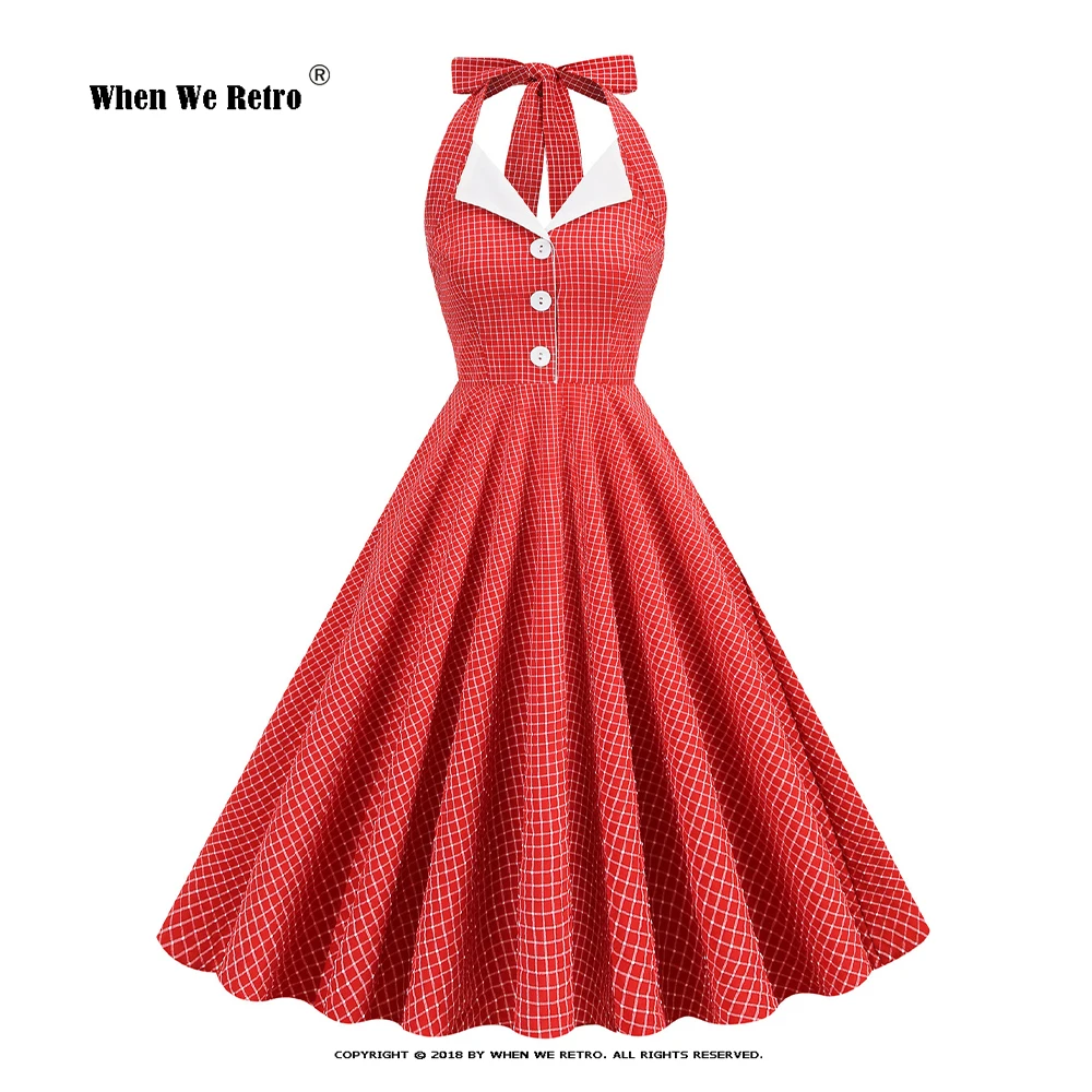 

Elegant Button Up Vintage Plaid Dress Red Blue Purple Sexy Halter Backless A Line Swing Evening Party Summer Midi Dresses VD3782