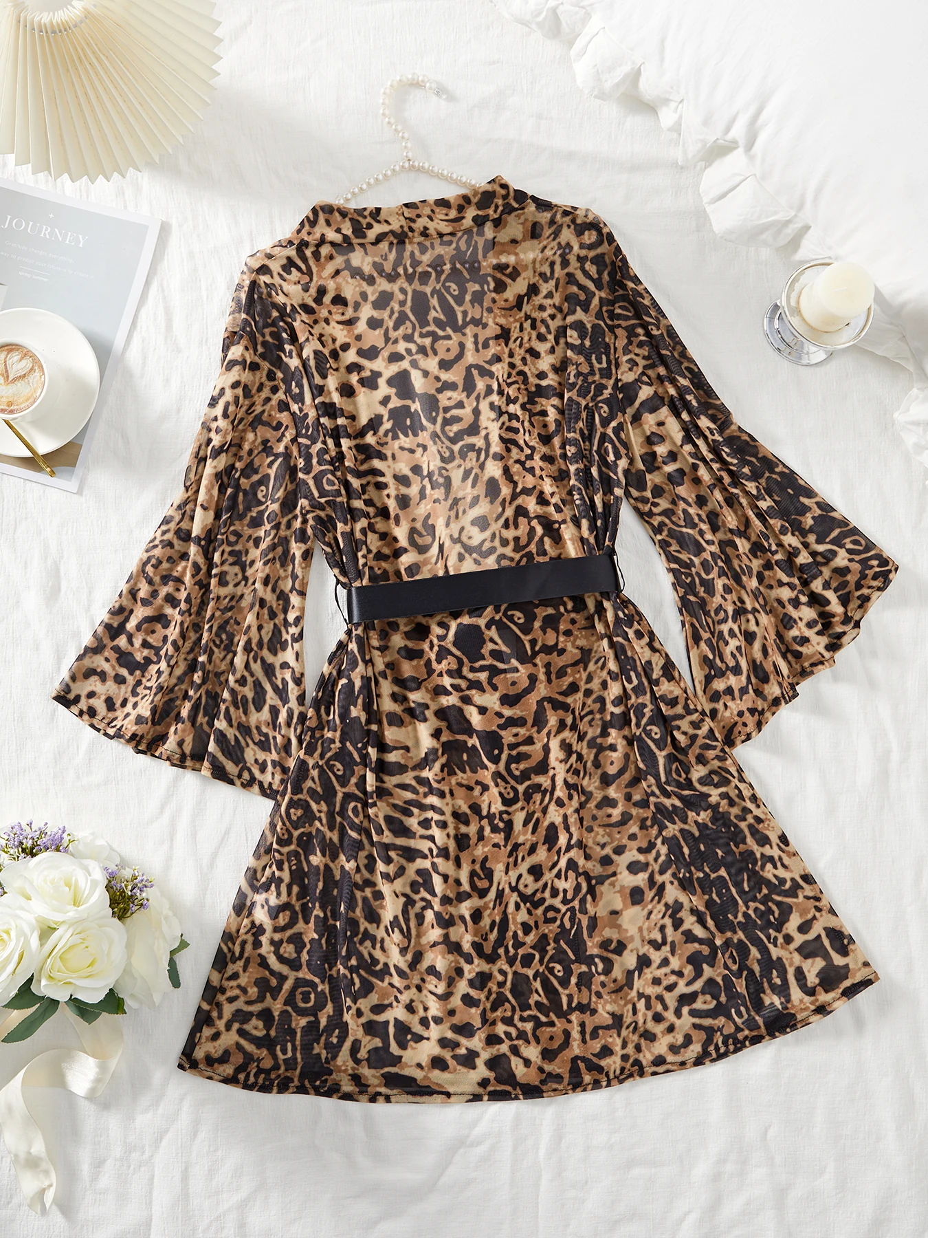 Leopard Print Mesh Bathrobe Sexy Summer Nightdress Cozy Bridesmaid Nightgown Wedding Party Robe Casual Loungewear Pijama