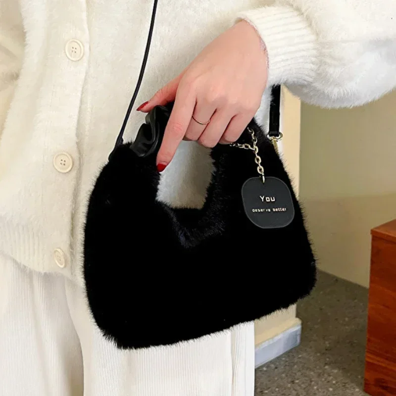 Women Faux Fur Plush Handbags Ruched Handle Small Lady Shoulder Crossbody Bag Casual Tote Half-Moon Hobos Winter Bags for Women - Image 3