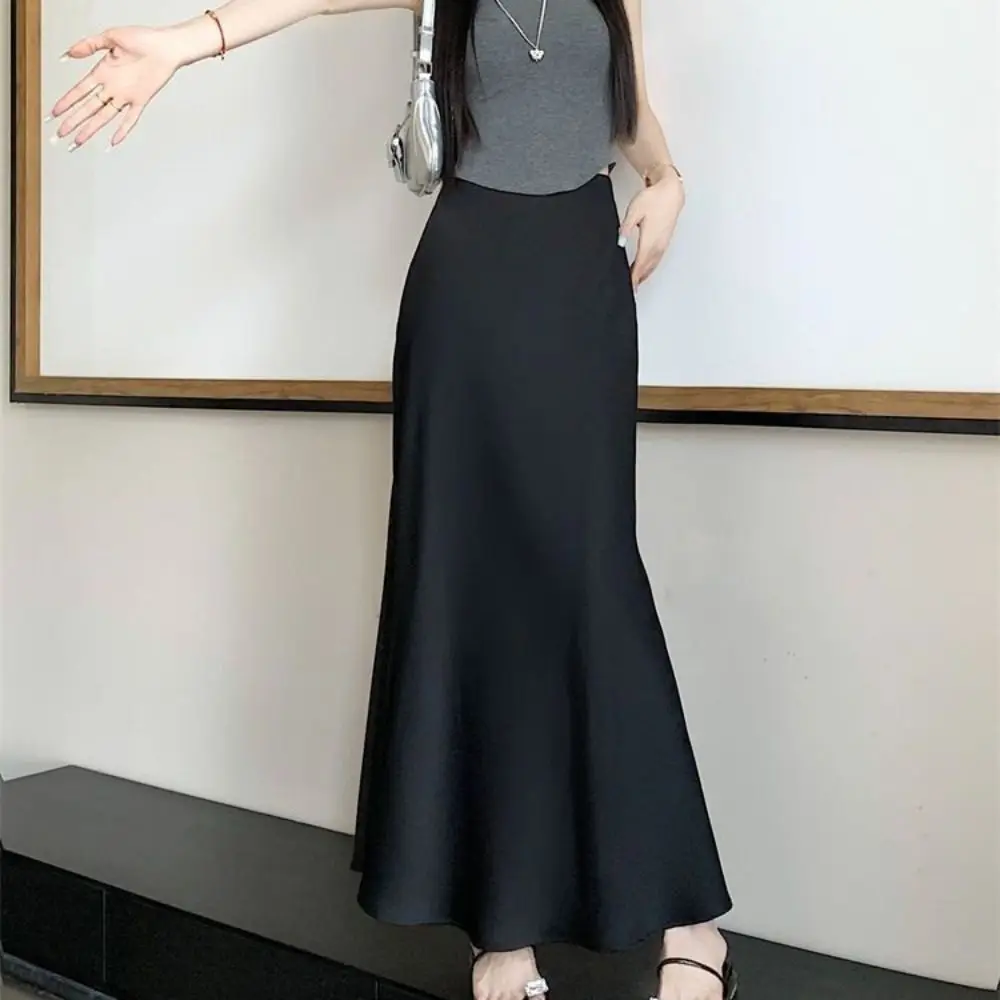 Simple Summer Satin Silk Long Skirt Slim Fit High Waist High Waisted Skirts Half Body Dress A Line Midi Skirt Women