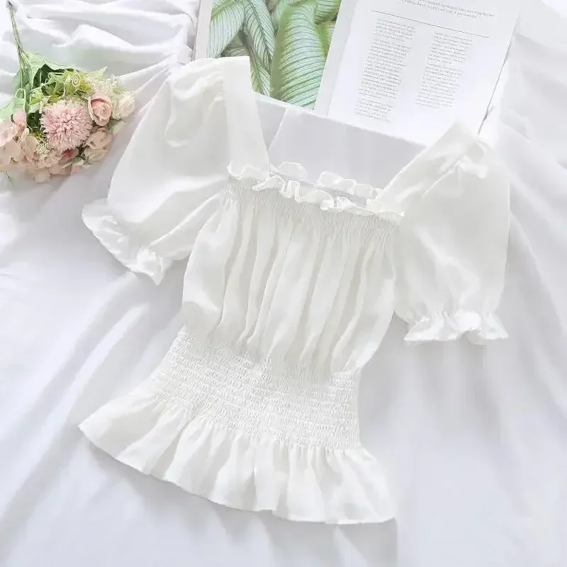 Chiffon women's shoulder shoulder spring and autumn Korean version waist slimming ruffled shirt short base top
