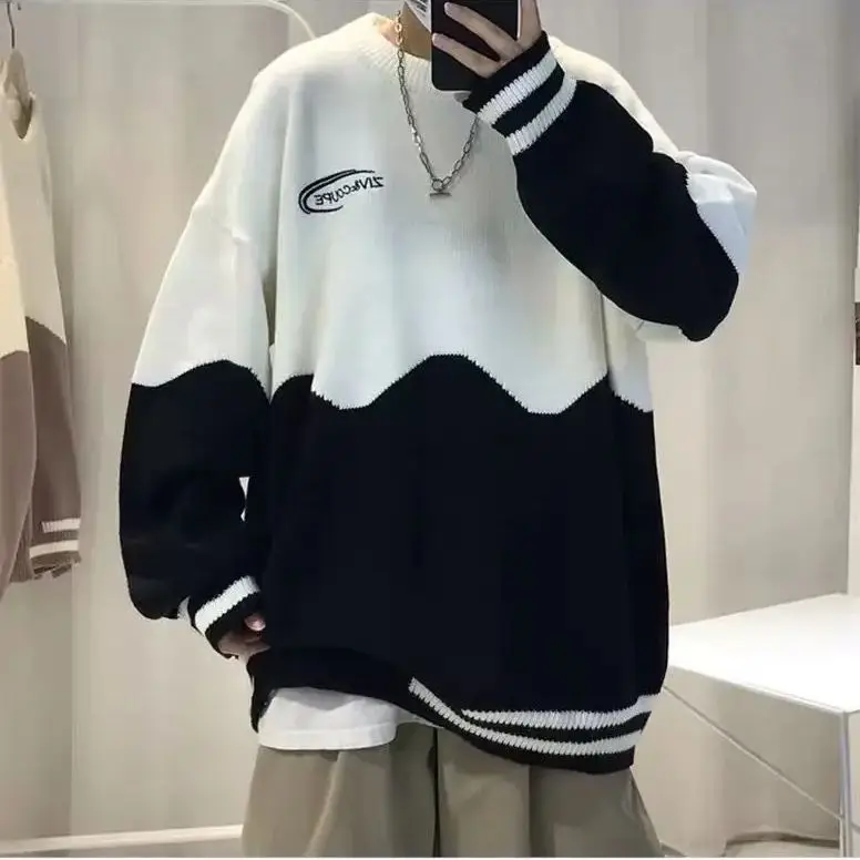 Fashion Solid Autumn Winter Loose Long Sleeve T-shirt Men Pullover Soft Solid Patchwork Two Color Milk Print Sweater Warm