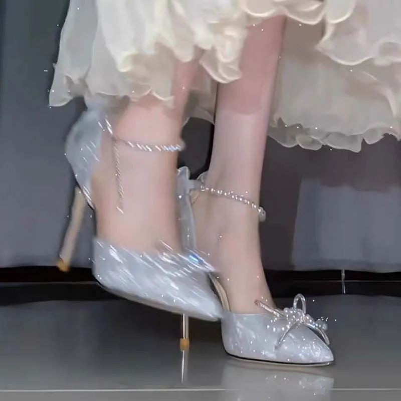 Silver Crystal Bow Stilettos | Pointed Slip-On Party Heels