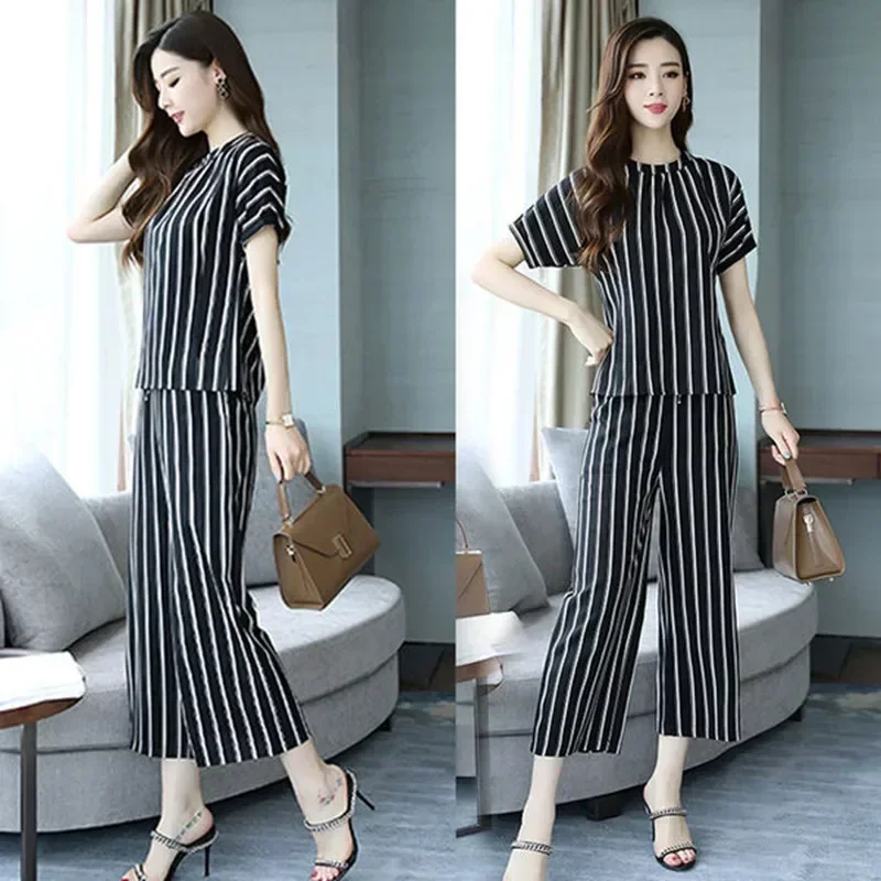 

Short Sleeve Striped Women's Suit Spring and Summer 2022 New Korean Version Slim Fit Fashion Casual Wide Leg Pants Two Piece Set