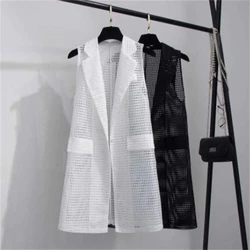 Thin Summer Autumn Hollow Out Casual Suit Solid Sleeveless Outerwear Coats Blazer Female Cardigan Woman Lapel Waistcoat Jacket