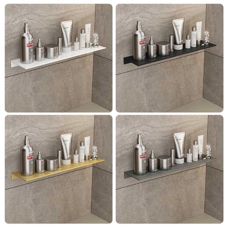 ชั้นวางของสีเทาและชั้นวางของแบบกระจกสำหรับอ่างล้างหน้าในห้องน้ำ พร้อมแผงเรียบสีขาวและทองแบบเรียบง่าย 1