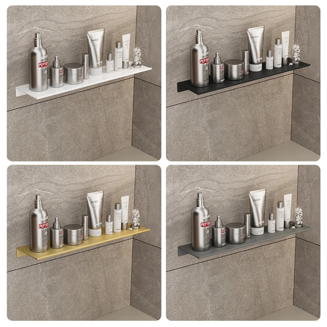 ชั้นวางของสีเทาและชั้นวางของแบบกระจกสำหรับอ่างล้างหน้าในห้องน้ำ พร้อมแผงเรียบสีขาวและทองแบบเรียบง่าย 1