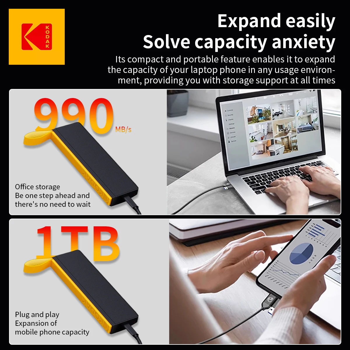 코닥 X206 휴대용 SSD 512GB/256GB, 다양한 기기 간 데이터 전송에 적합