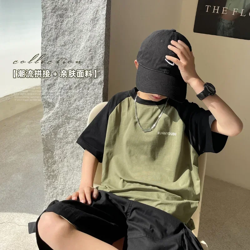 2024 Boys Pure Cotton Short Sleeved T-shirt Raglan Sleeve Top Trendy Children's Clothing Summer New Korean Style 2