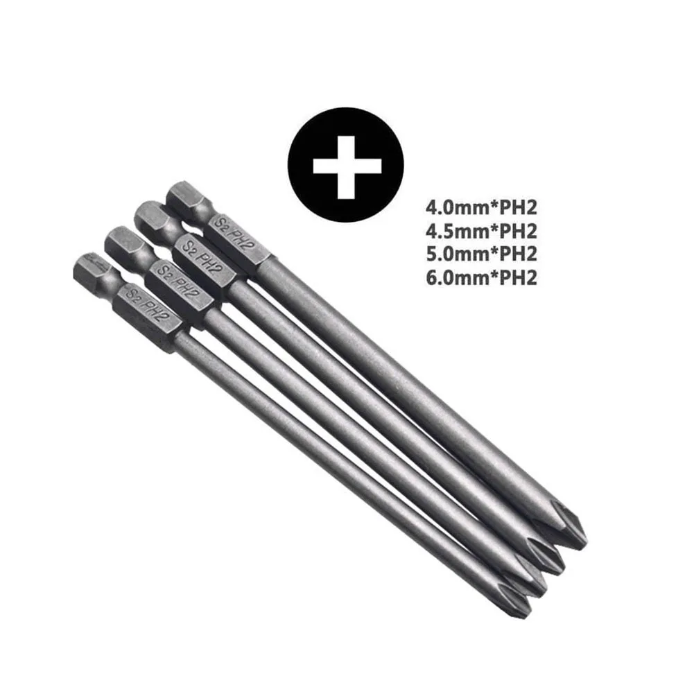 4pcs Magnetic Screwdriver Bits 100mm Alloy Steel 1/4 Hex Shank Long For Torx Cross Slotted Hex Head Slotted Tip