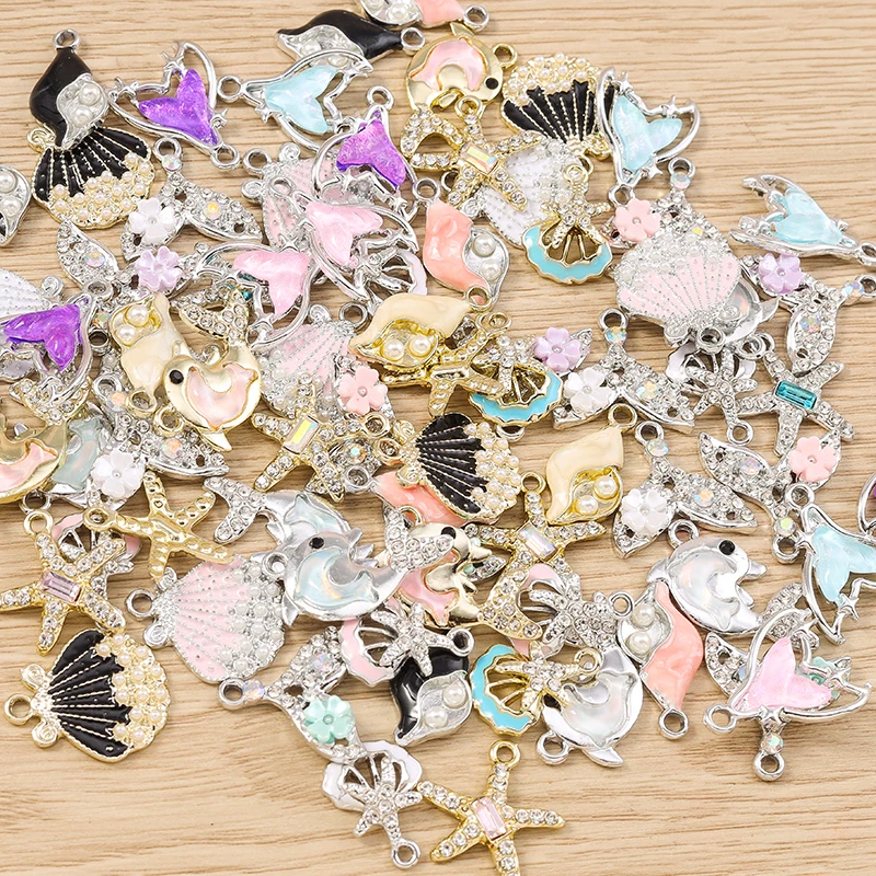 10 Stück gemischte niedliche Kristall-Seestern-Muschel-Fischschwanz-Anhänger für die Schmuckherstellung von Ohrringen, Halsketten, Armbändern, DIY-Bastelarbeiten und Geschenken