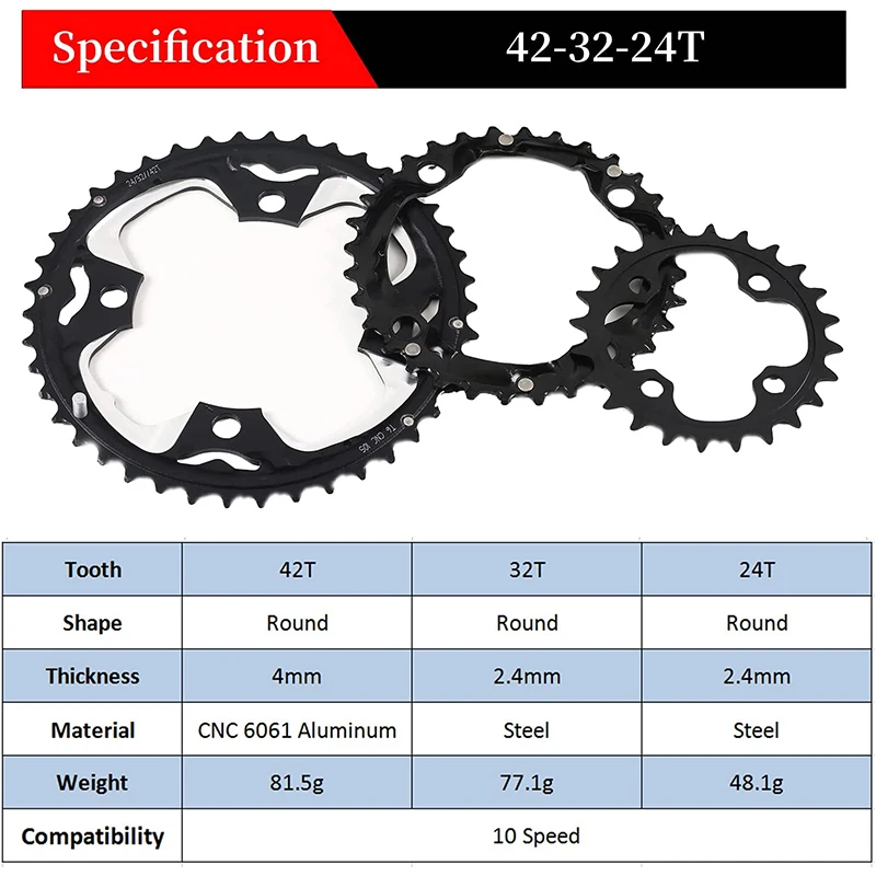 MTB Bicycle Chainring 24T/32T/42T 26T/38T 10S Bike Chainring 22T/32T/44T 9S 104B