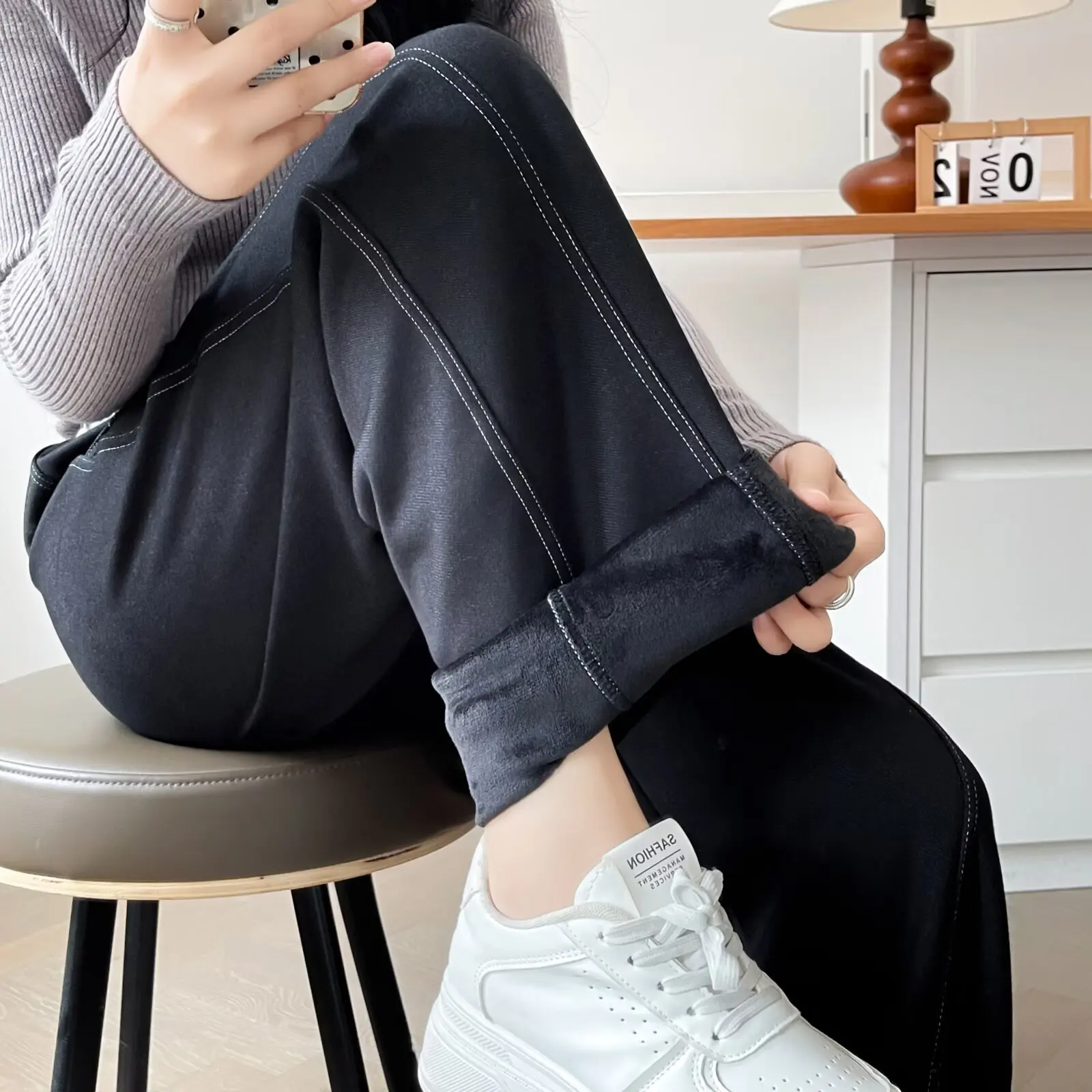 XXXXL Fashion Plus Size Women's Straight Pants Winter New Style Simple Fleece Curved Warm color-matched Trousers 8232