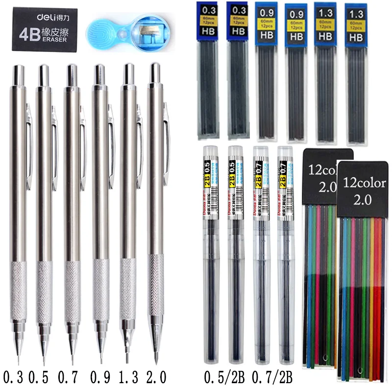 Stainless Steel Mechanical Automatic Pencil Anti-Slip Holder Student 2.0 1.3 0.9 0.7 0.5 0.3 Black Refill 12 Color Lead For Art 13pcs lot 900m t soldering iron tips black lead free solder tips sting bga soldering station rework tools