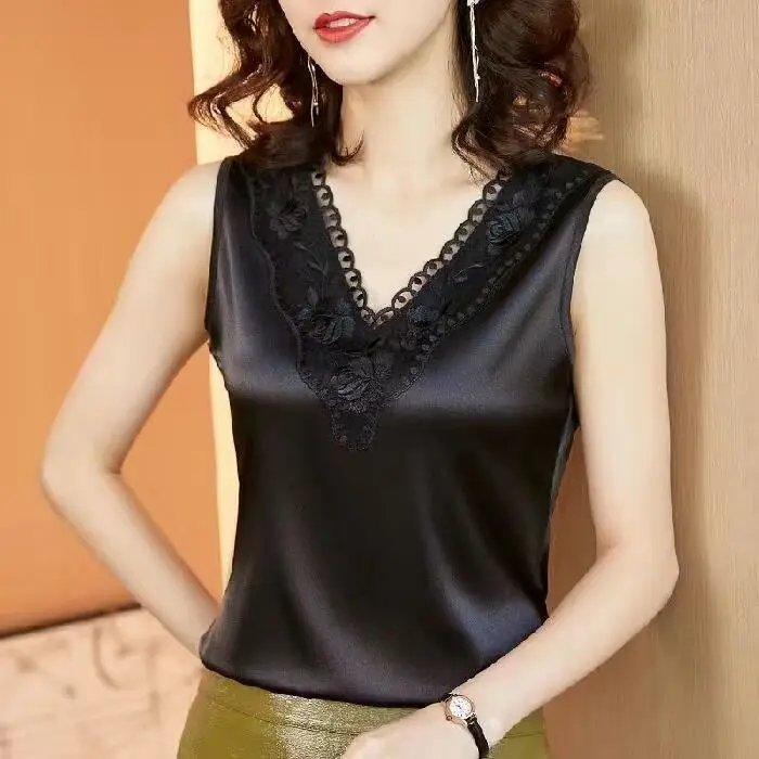 S442c4d65abb4480ca9efda1264b10d31L Korean Silk Women Blouses Shirt Woman Satin Blouse Tops Women Satin Lace Embroidery Blouse Top Woman V-neck Printing Shirts Tops Mallzona