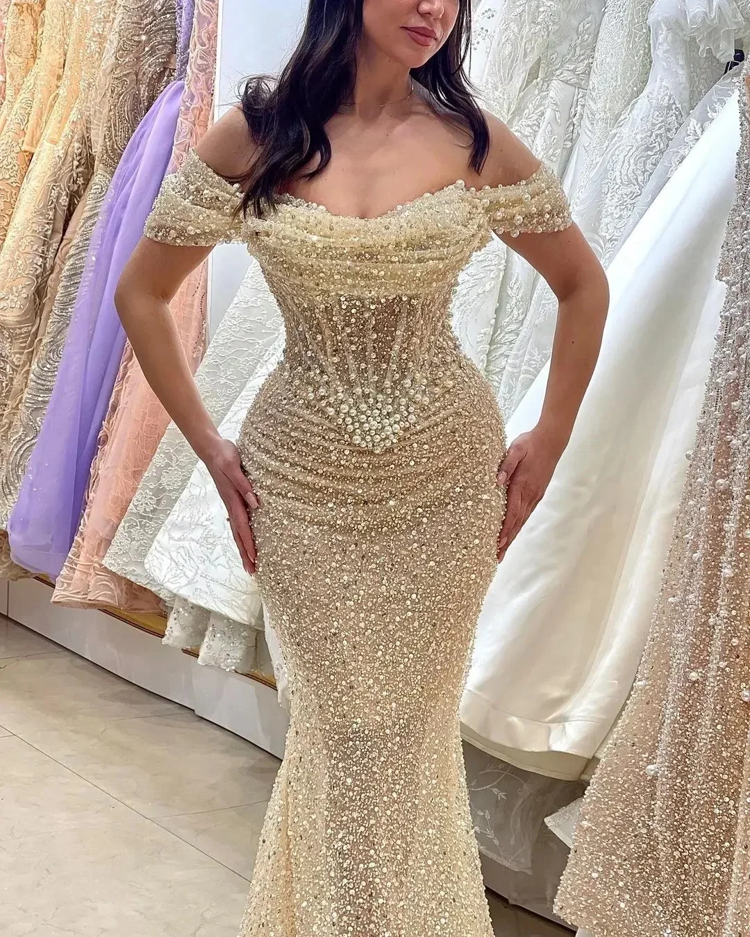 Elegant Luxurious Sequined Mermaid Gown With Long Sleeves - Sparkling Crystal-Bea | ChicGrl