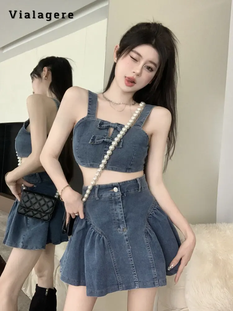

2023 Summer Sexy Clubwear 2 Piece Set Women Bow Short Vest Crop Top + High Waist Skirt Retro Denim Two Piece Skirt Set Outfits