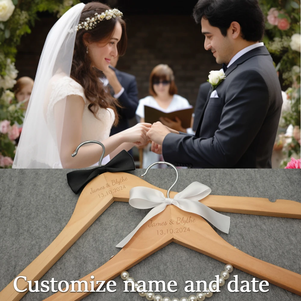 Wedding Hanger Wood Personalized Bridal Dress Name Hanger Set Bride and Groom