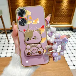 3 - Piece Red Maple Leaf Phone Case Set with Lanyard and Rabbit Stand for OPPO A38 (PURPLE)