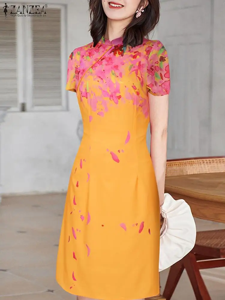 

Платье ZANZEA женское с коротким рукавом, Элегантный Приталенный сарафан с цветочным принтом, модное платье-Ципао, лето 2024