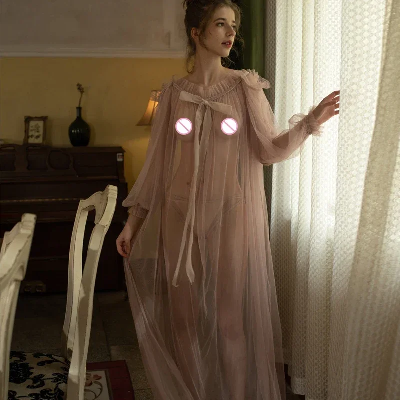 Pretty Sexy Yarn See Through Long Sleep Dress for Women Sexy Sleepwear Lace Nightgown Elegant Temptation Robe with Panty Suit