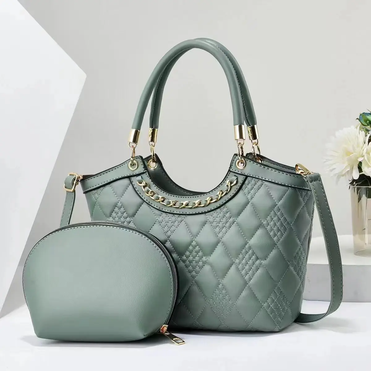 Women's Chain Rhombus Tote Bag 2 two-piece large bag Stylish commuter shoulder bag Crossbody bag