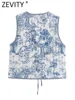 Zevity Women National Style Sleeveless Patchwork Floral Print Quilted Vest Jacket Ladies Lace Up WaistCoat Chic Crop Tops CT6267 4