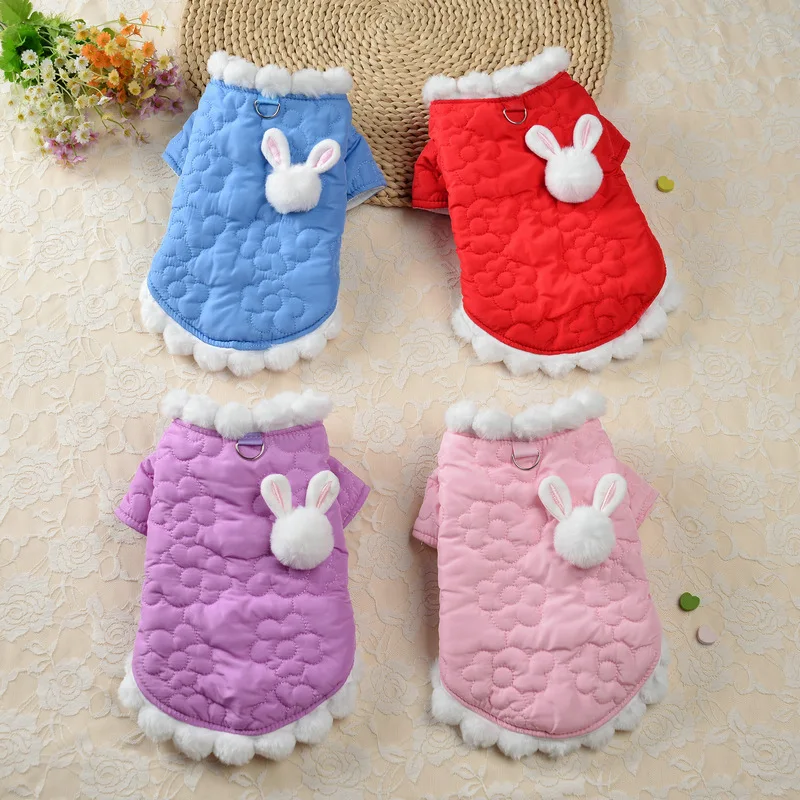

Dog Parka Two-legged Winter Warm Pet Clothes with Cute Rabbit Clothes Solid Pet Coat Dog Jacket with Leash D-ring Pet Outfit