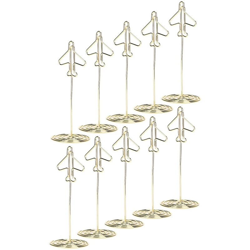 10Pcs Memo Clip Houder, tafel Nummer Naam Kaarthouder Desktop Metalen Visitekaartje Foto Gold Vliegtuig Frame Met Base