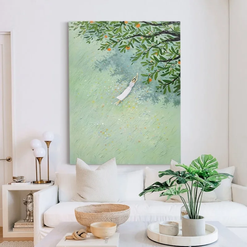 

Large Abstract Green Landscape Oil Painting on Canvas Modern Grassland Tree Acrylic Painting Boho Livingroom Wall Art Home Decor