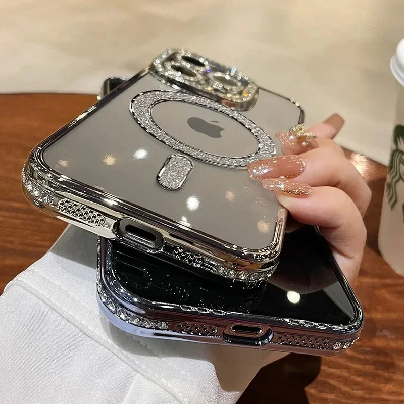 Luxury Bling Crystal Lens Film Phone Case For iPhone 15 11 12 13 14 Pro Max Plus Magsafe Magnetic Wireless Charging Clear Cover