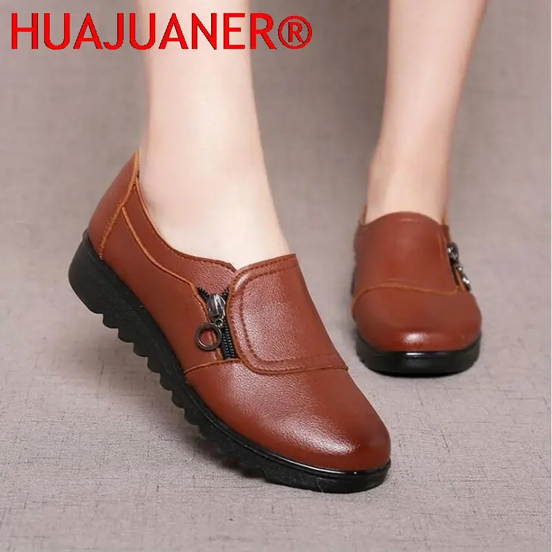 Women Casual Flats Round Head Side Zipper Oxford Shoes Non-slip Warm Slope Heel