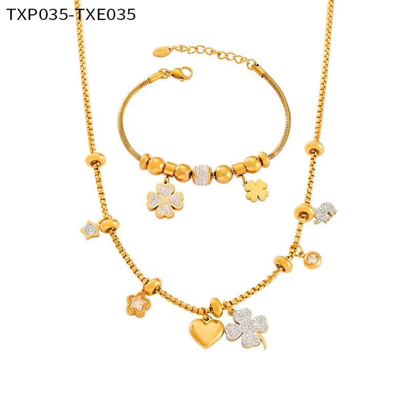 316L Edelstahl Vergoldetes Herz-Anhänger Halskette Armband Set Damen Luxus Kristallblumen Hochzeitsschmuck Geschenk – Detail 2